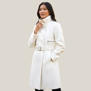 Guess Cream Winter Trench Coat Wool Blend Sz L High Neck Belted Elegant Jacket